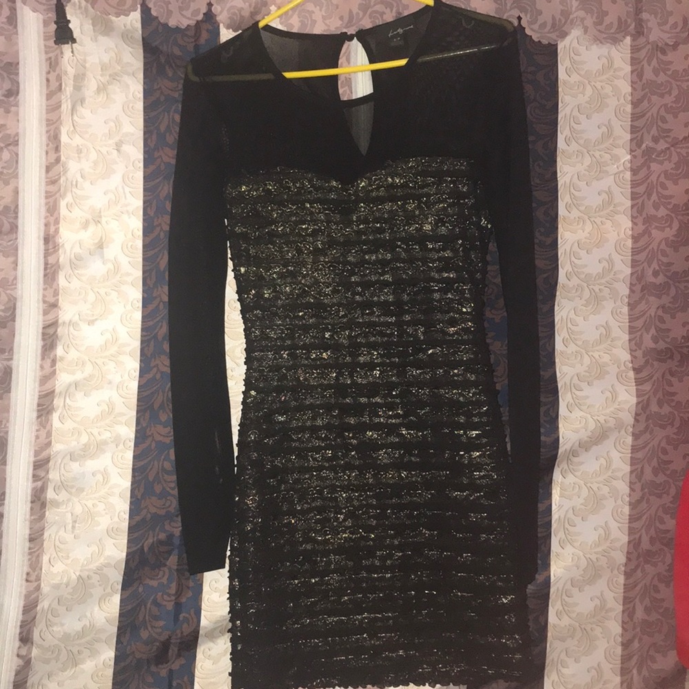 Black and gold mesh ruffle fitted dress. Size S